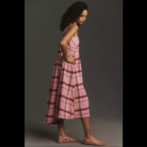 Brand New Maeve Linen Pleated-Waist Hanky-Hem Midi Dress - Picture 3 of 9